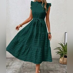 Forest Green Mock-Neck Ruffle-Sleeve Midi Dress